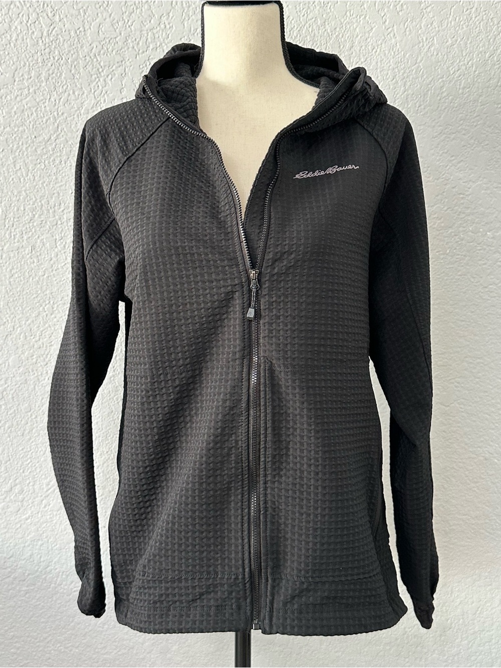Eddie Bauer Off The Grid Fleece Jacket Women XL Black Waffle Knit Full Zip EUC